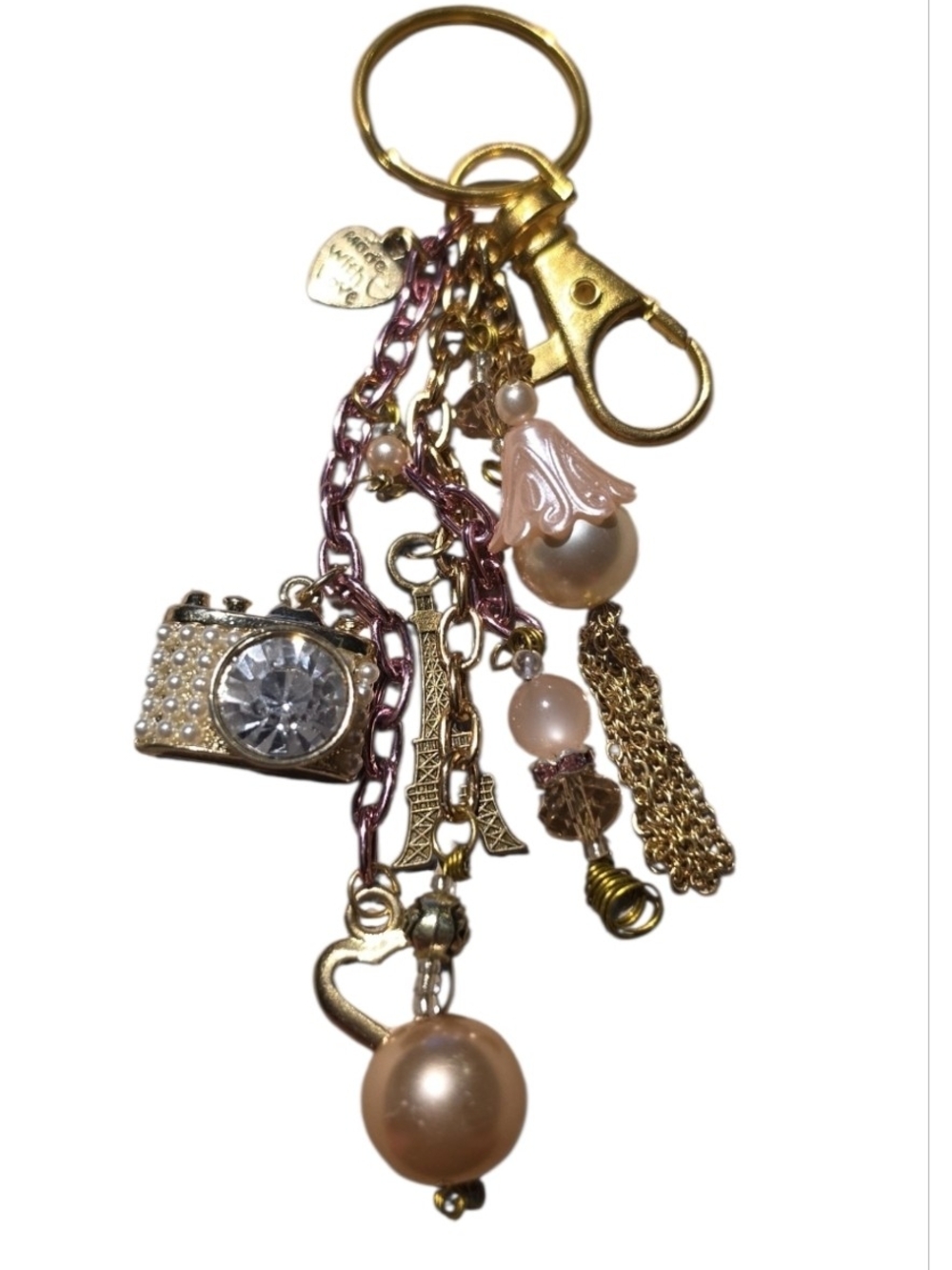 Gold & Pink Pearl Camera Charm Keychain/Purse Charm One Of A Kind Handcrafted - Picture 7 of 11